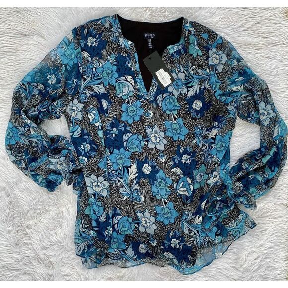 NWT Jones New York SZ 1X Blue Floral Multi Combo Tie Sleeve Blouse - Picture 6 of 11